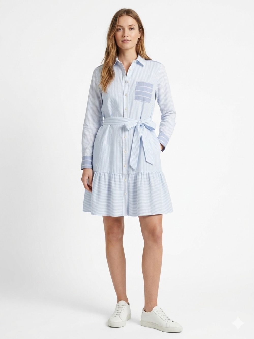 LOFT Blue White Striped Shirt Dress Tie Waist Ruffle Hem XS